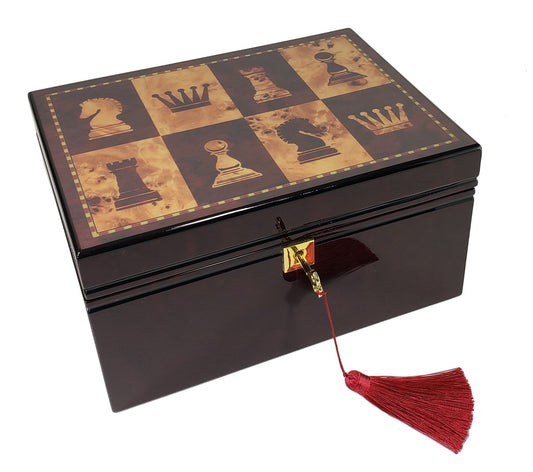 Large High Gloss Cherry & Burlwood Color Chess Storage Box upto 4 3/4" men set