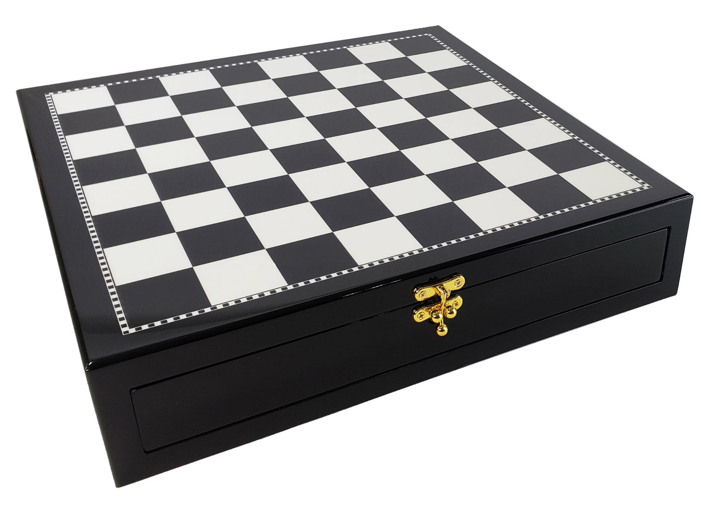 HIGH GLOSS 17 1/2 inch Black and White STORAGE Chess Board W/ 2 DRAWERS