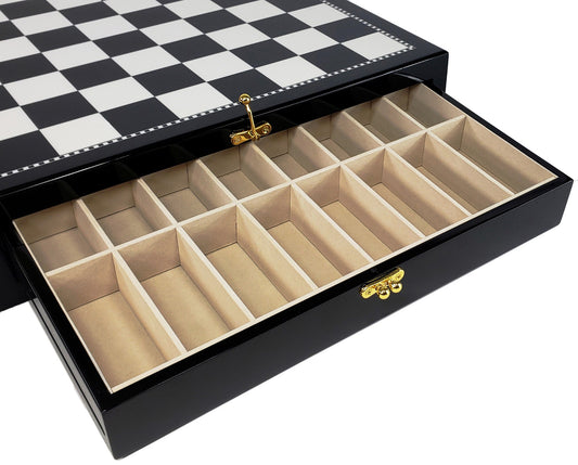 HIGH GLOSS 17 1/2 inch Black and White STORAGE Chess Board W/ 2 DRAWERS