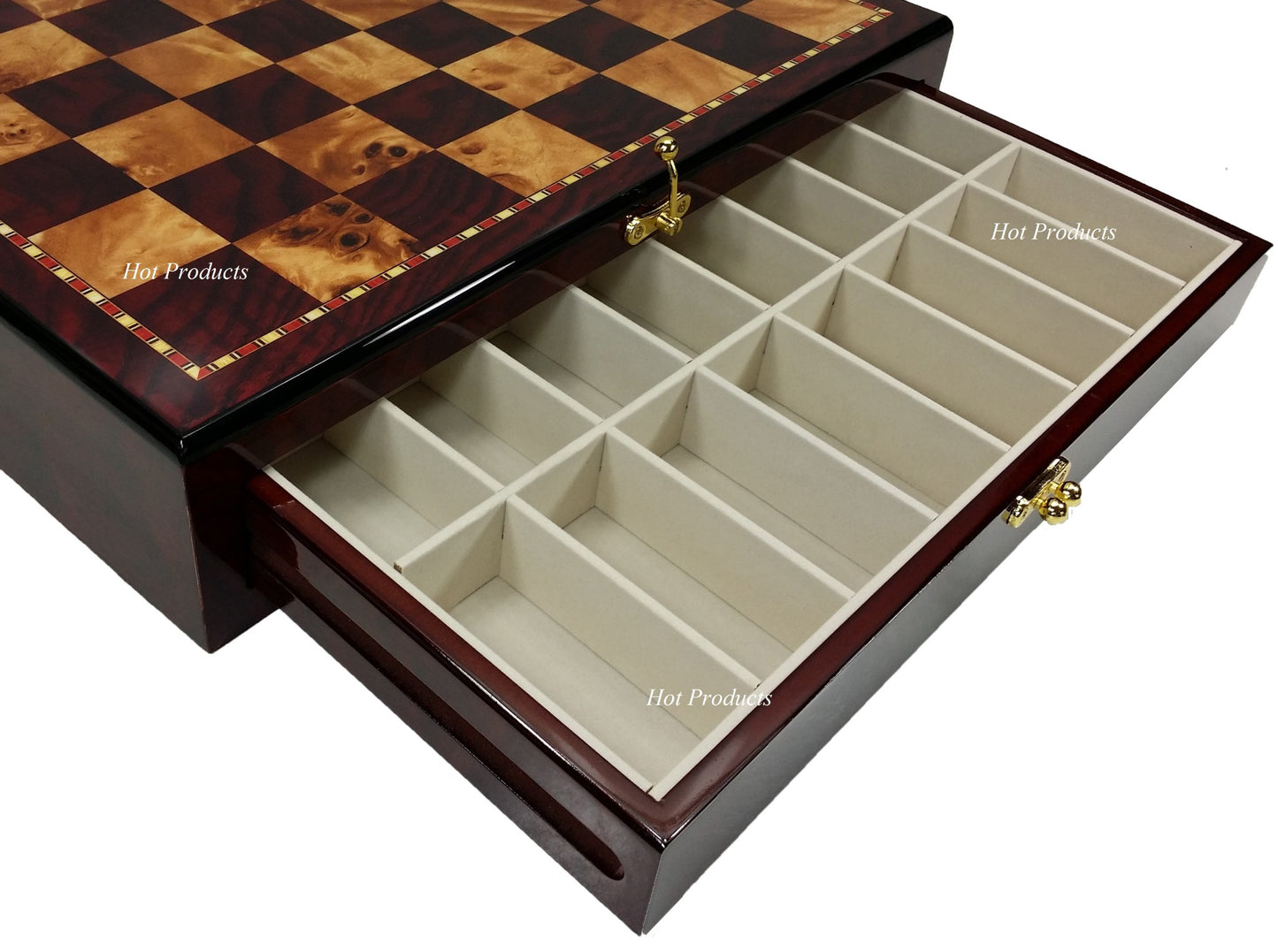 Egyptian Anubis Gold & Buff Chess Set W/ 17" Cherry Color Gloss Storage Board