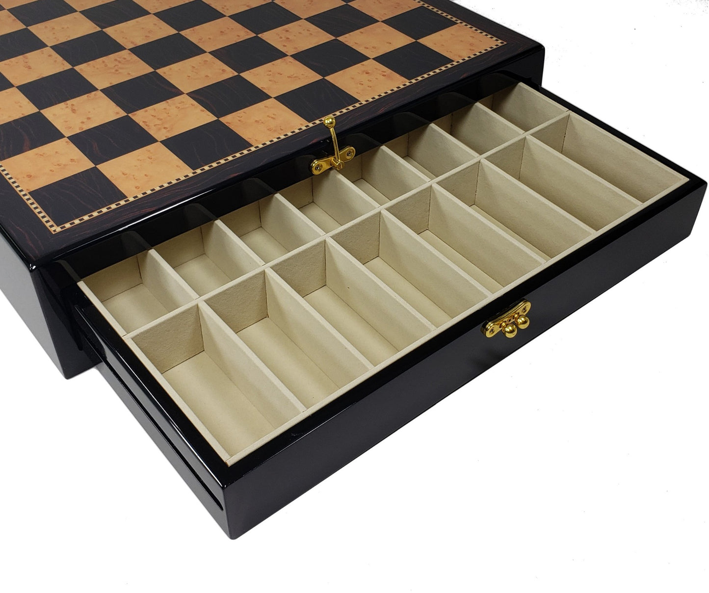 High Gloss Storage Chess Board 20" Dark Walnut & Birdseye Maple Color W/ Drawers