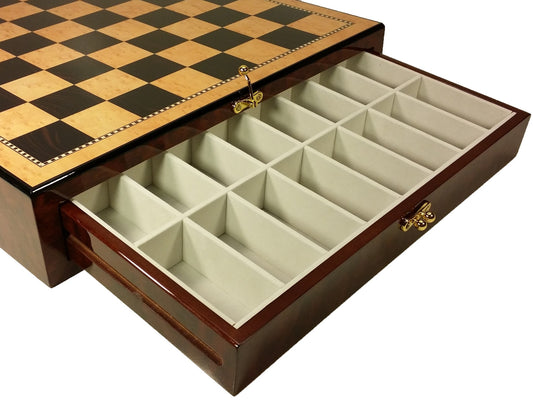 High Gloss Storage Chess Board 17" Walnut & Birdseye Maple Color W/ Drawers