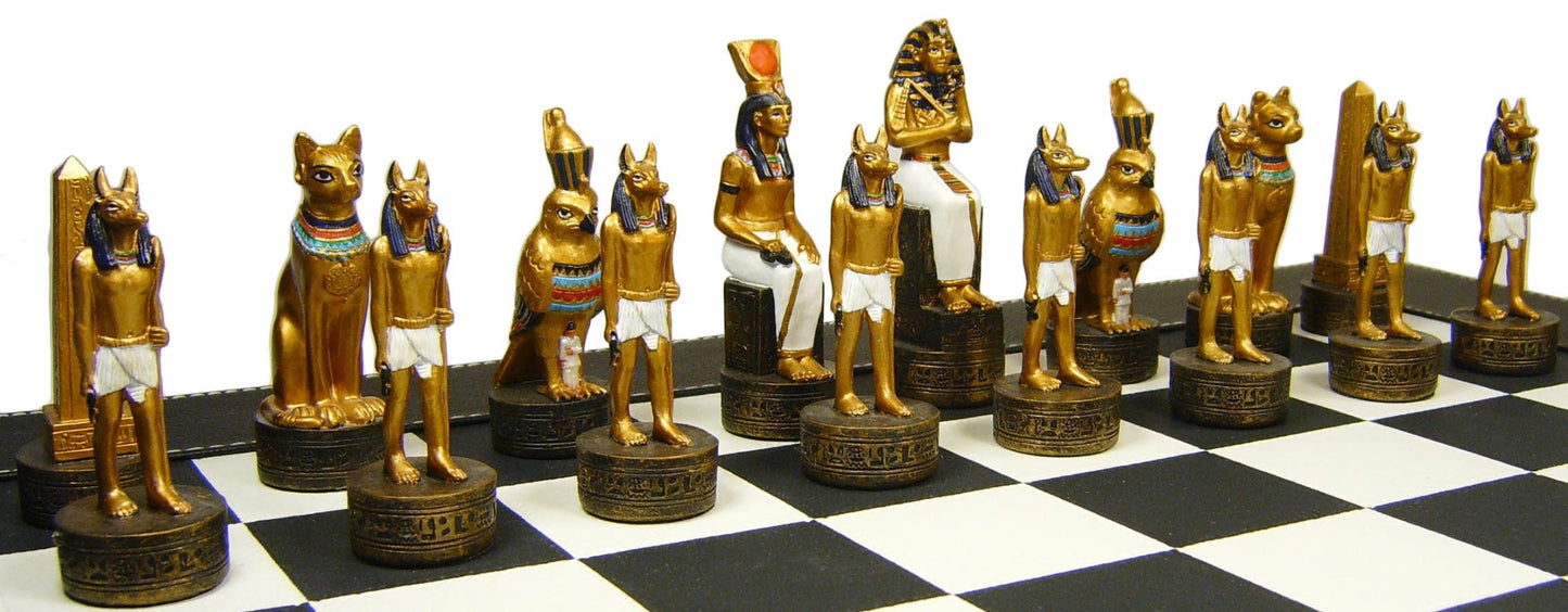 Egyptian Anubis Gold & Buff Chess Set w/ 18" Black & White Faux Leather Board