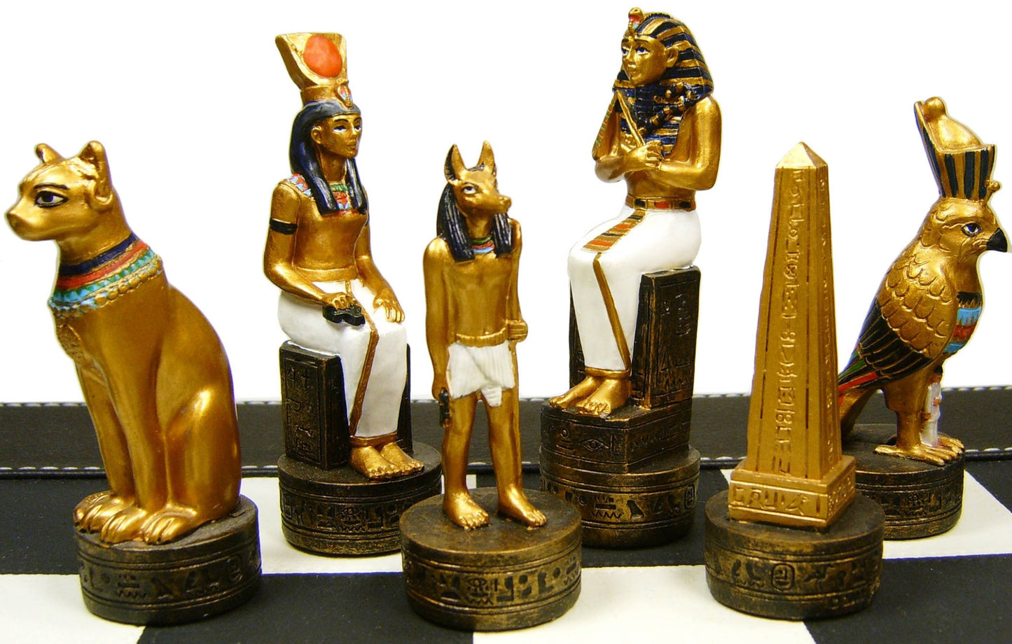 Egyptian Anubis Gold & Buff Chess Set w/ 18" Black & White Faux Leather Board