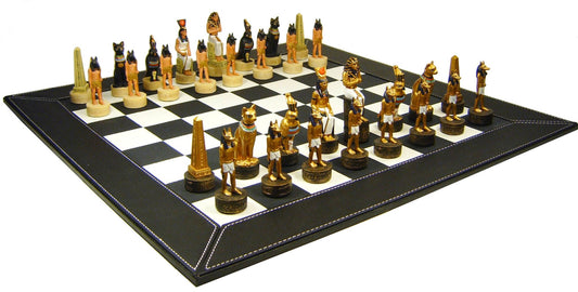 Egyptian Anubis Gold & Buff Chess Set w/ 18" Black & White Faux Leather Board