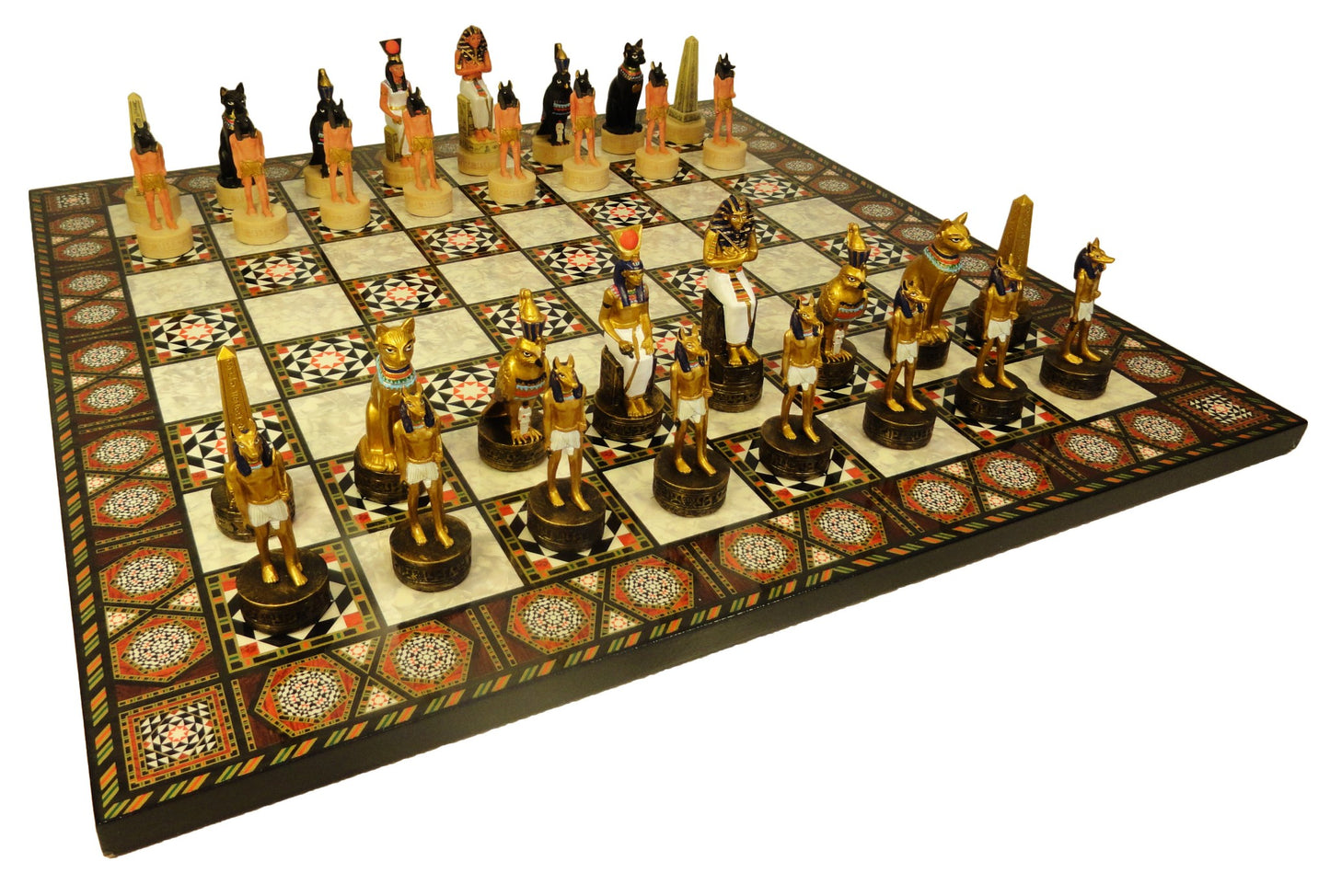 Egyptian Anubis Gold & Buff Anubis Chess Set W/ 17" Mosaic Color Board