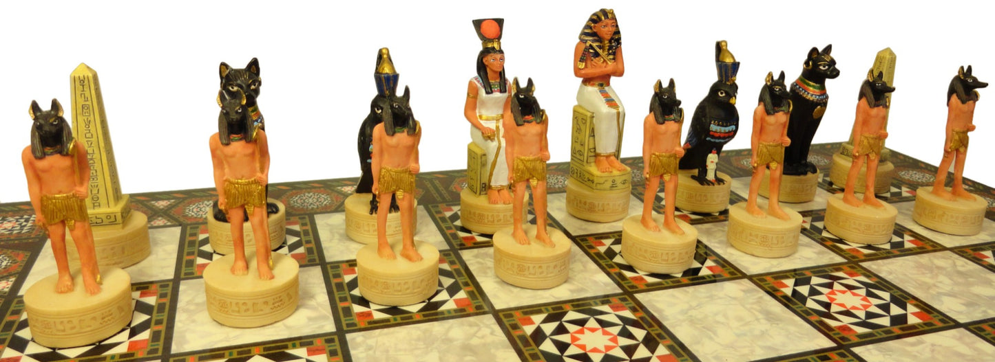 Egyptian Anubis Gold & Buff Anubis Chess Set W/ 17" Mosaic Color Board