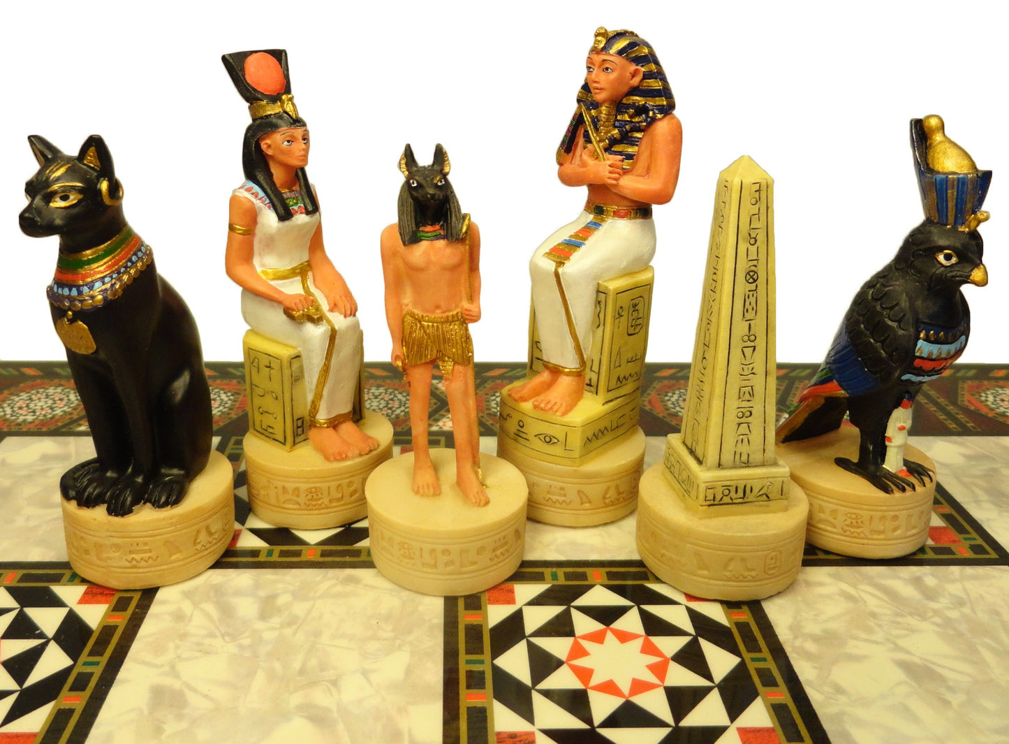 Egyptian Anubis Gold & Buff Anubis Chess Set W/ 17" Mosaic Color Board