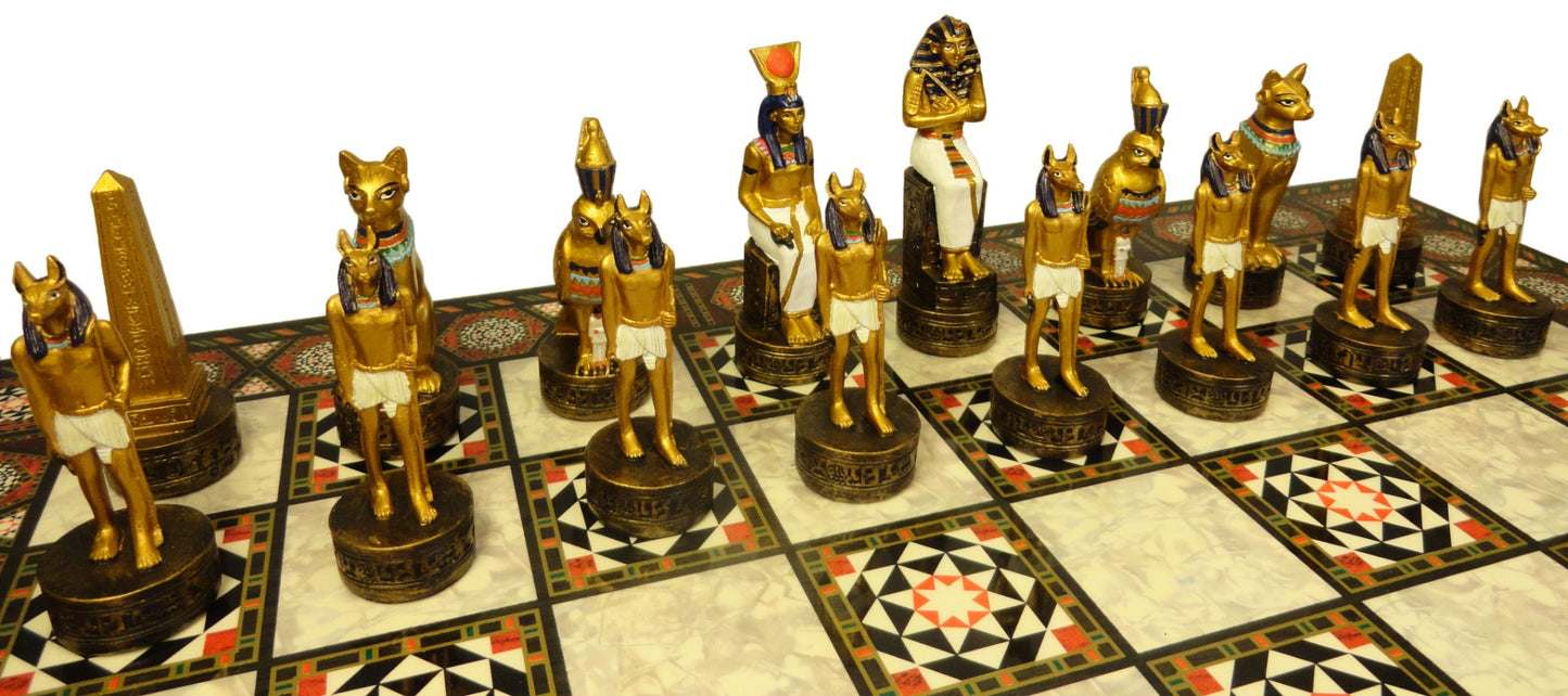 Egyptian Anubis Gold & Buff Anubis Chess Set W/ 17" Mosaic Color Board