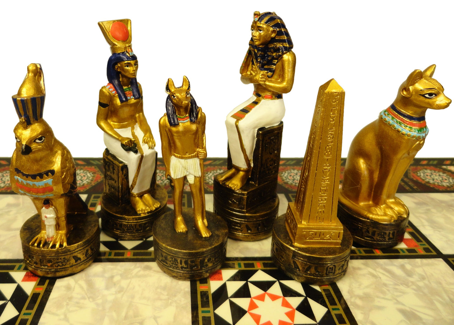 Egyptian Anubis Gold & Buff Anubis Chess Set W/ 17" Mosaic Color Board