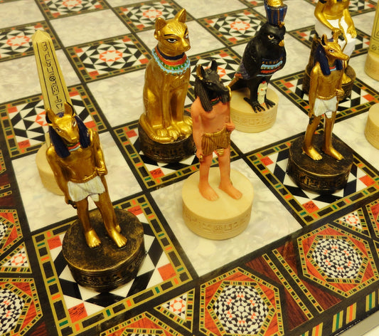 Egyptian Anubis Gold & Buff Anubis Chess Set W/ 17" Mosaic Color Board