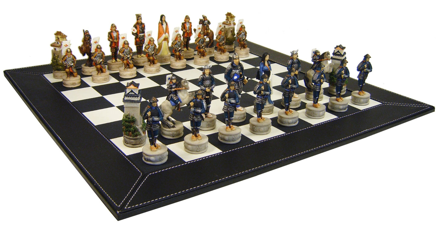 Japanese Samurai Warrior Chess Set W 18" Black Faux Leather Board