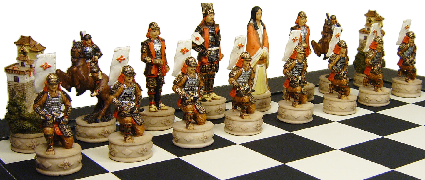 Japanese Samurai Warrior Chess Set W 18" Black Faux Leather Board