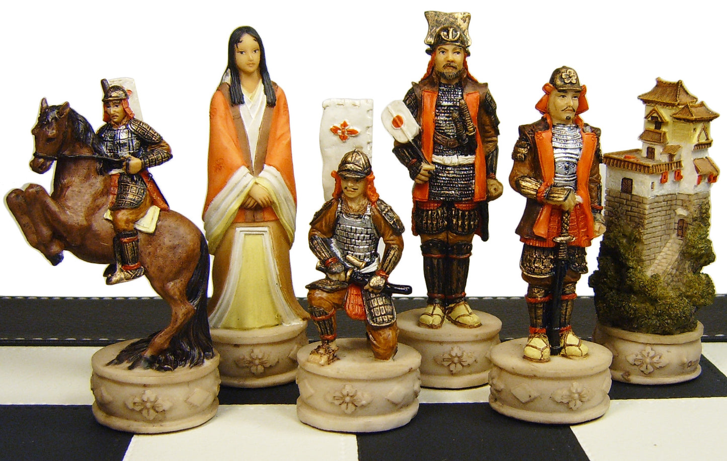 Japanese Samurai Warrior Chess Set W 18" Black Faux Leather Board