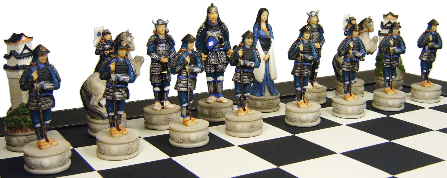 Japanese Samurai Warrior Chess Set W 18" Black Faux Leather Board