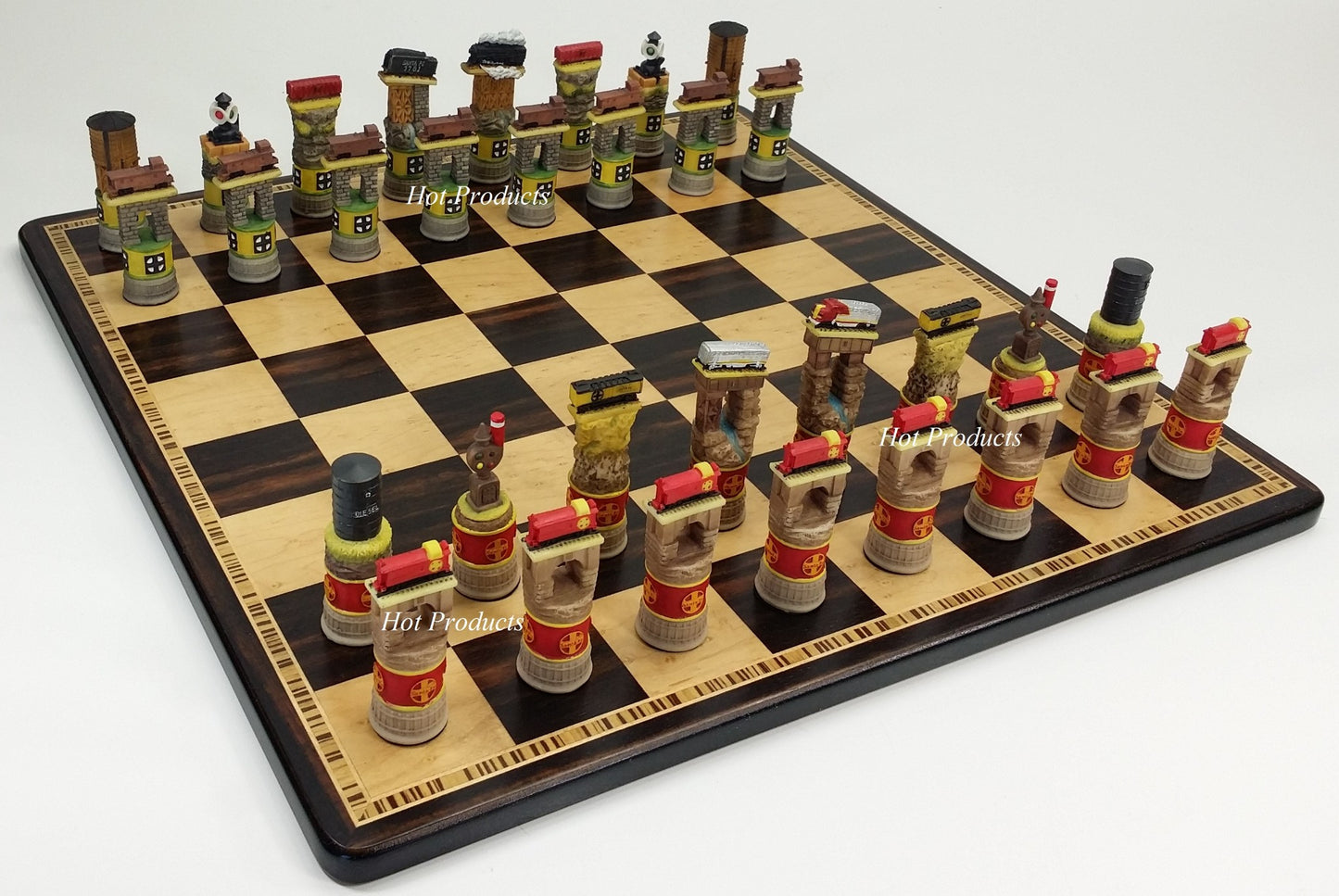 Trains Steam vs Diesel Chess Set with 17" Ebony & Birdseye Maple Wood Board