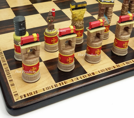 Trains Steam vs Diesel Chess Set with 17" Ebony & Birdseye Maple Wood Board