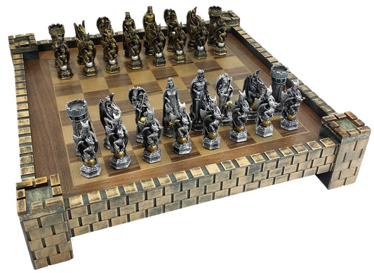 King Arthur Knights W/ Dragon Fantasy Medieval Times Chess Set 17" Castle Board