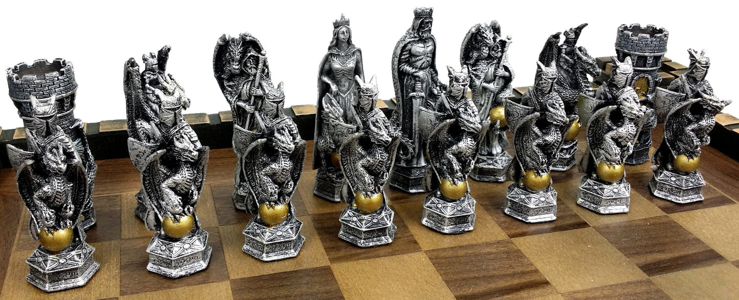 King Arthur Knights W/ Dragon Fantasy Medieval Times Chess Set 17" Castle Board