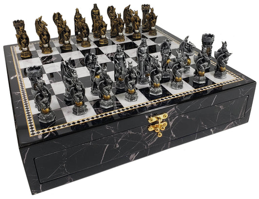 Medieval Times King Arthur Dragon Fantasy Chess Set Faux Marble Storage Board