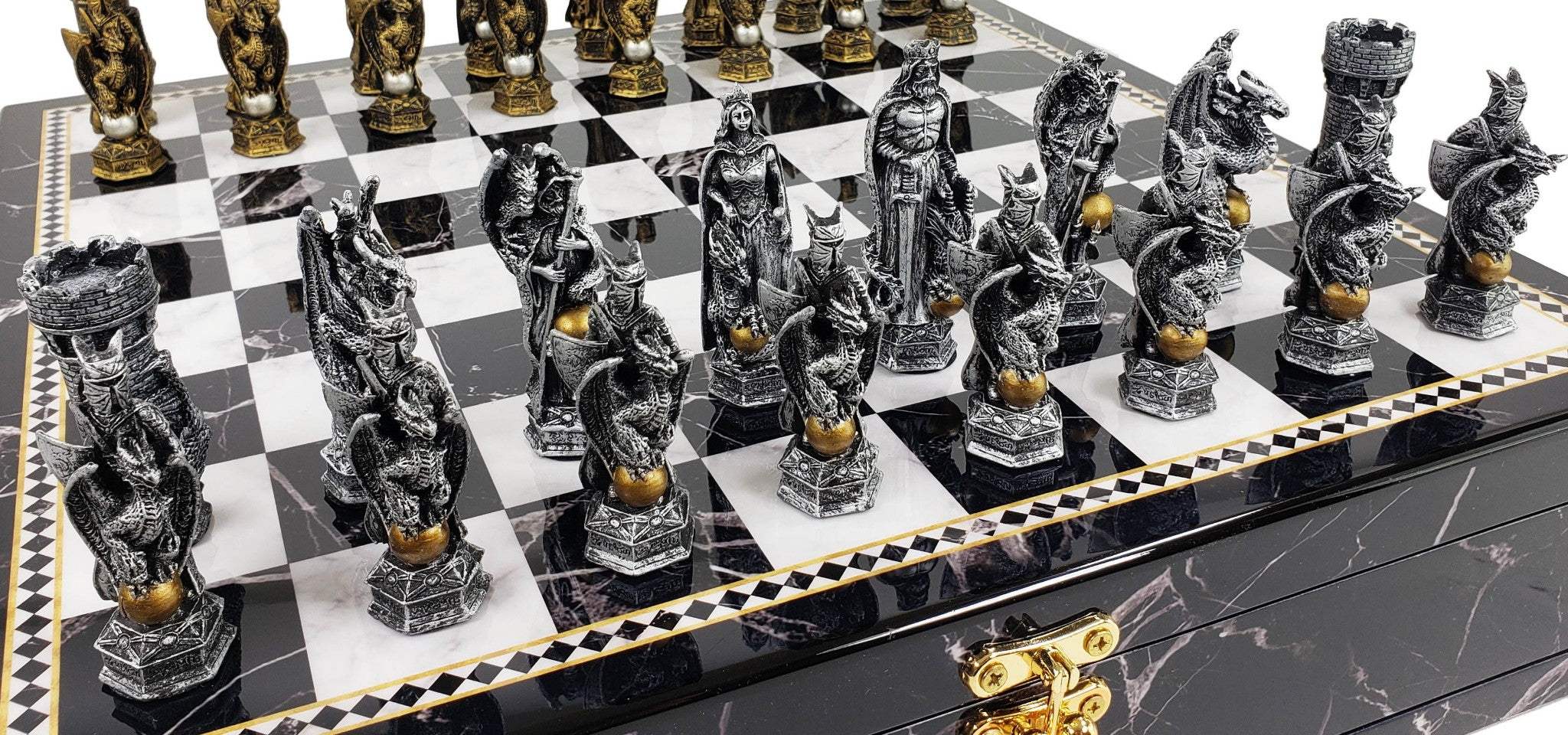 Medieval Times King Arthur Dragon Fantasy Chess Set Faux Marble