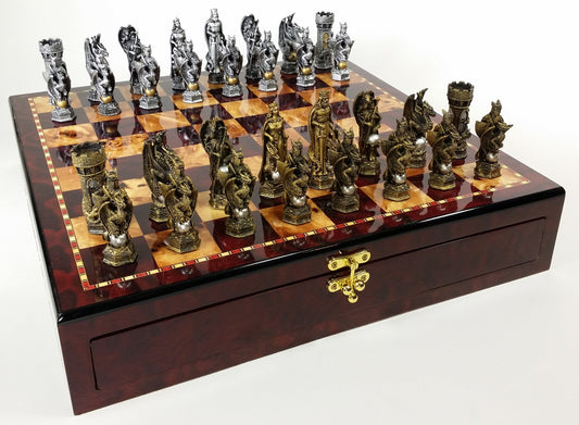 Medieval Times King Arthur Dragon Fantasy Chess Set Cherry Color Storage Board