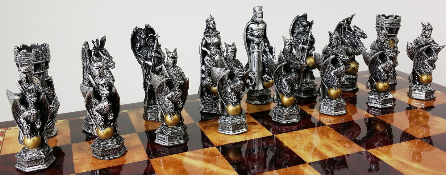 Medieval Times King Arthur Dragon Fantasy Chess Set Cherry Color Storage Board