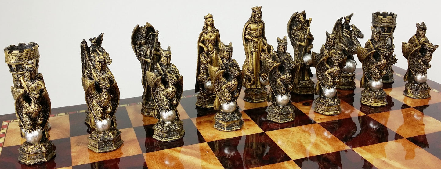 Medieval Times King Arthur Dragon Fantasy Chess Set Cherry Color Storage Board