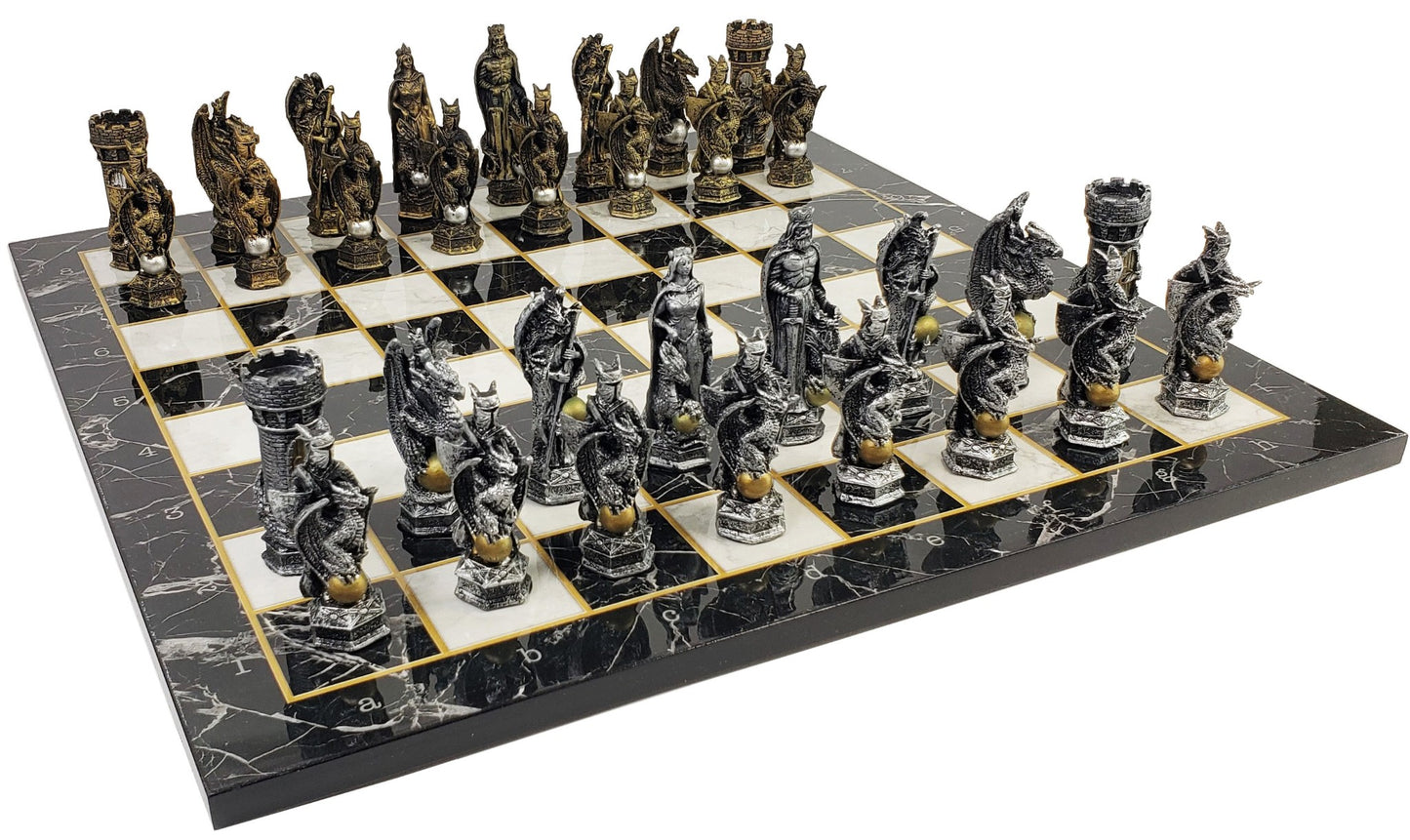 King Arthur KNIGHTS DRAGON Medieval Times Chess Set W/ Black Faux Marble Board