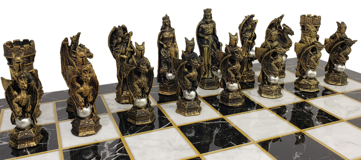 King Arthur KNIGHTS DRAGON Medieval Times Chess Set W/ Black Faux Marble Board