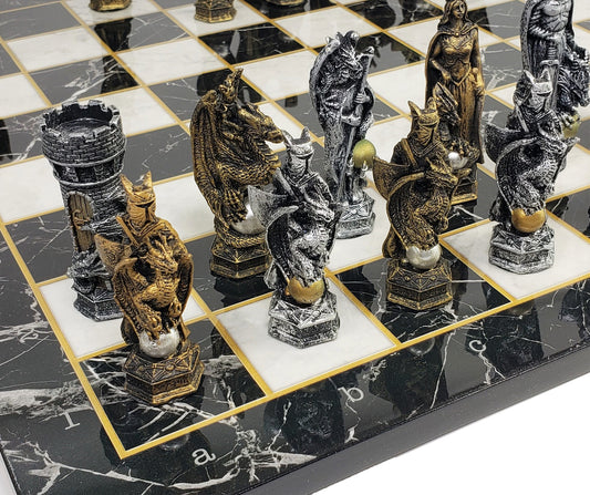 King Arthur KNIGHTS DRAGON Medieval Times Chess Set W/ Black Faux Marble Board