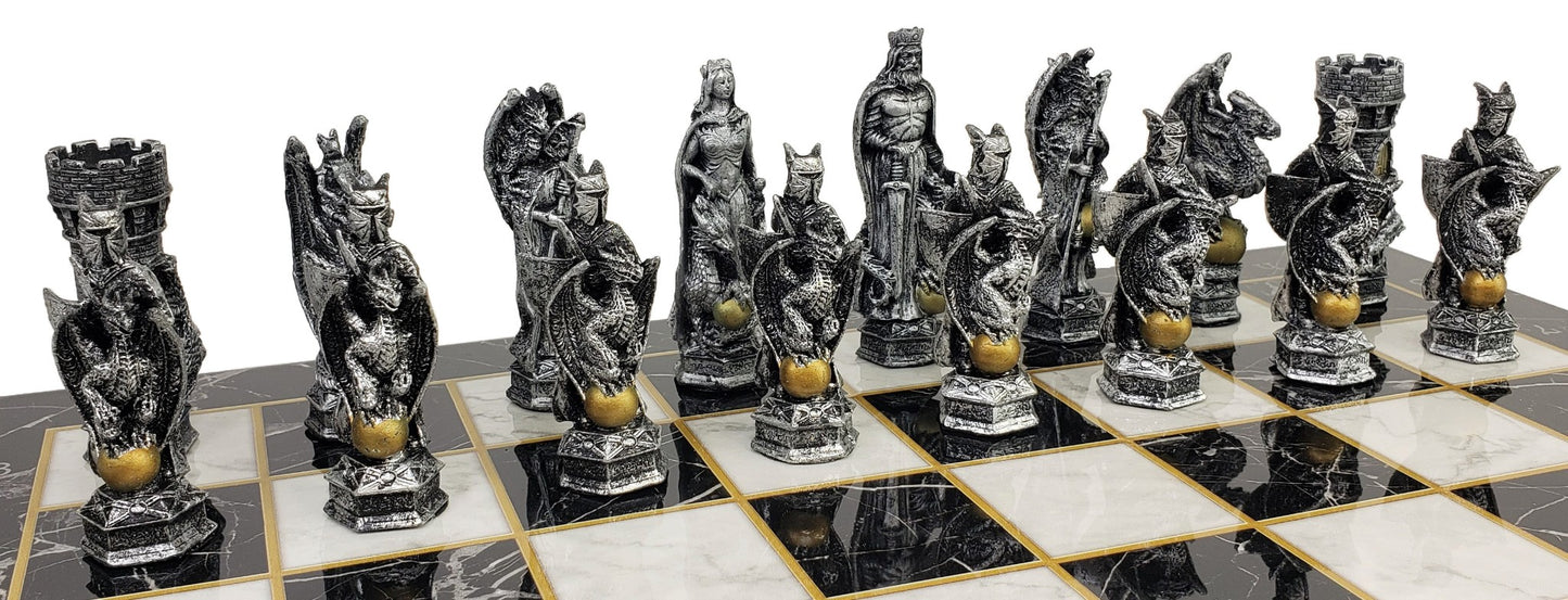 King Arthur KNIGHTS DRAGON Medieval Times Chess Set W/ Black Faux Marble Board