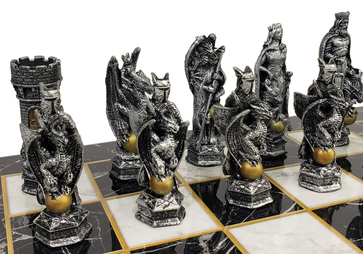 King Arthur KNIGHTS DRAGON Medieval Times Chess Set W/ Black Faux Marble Board