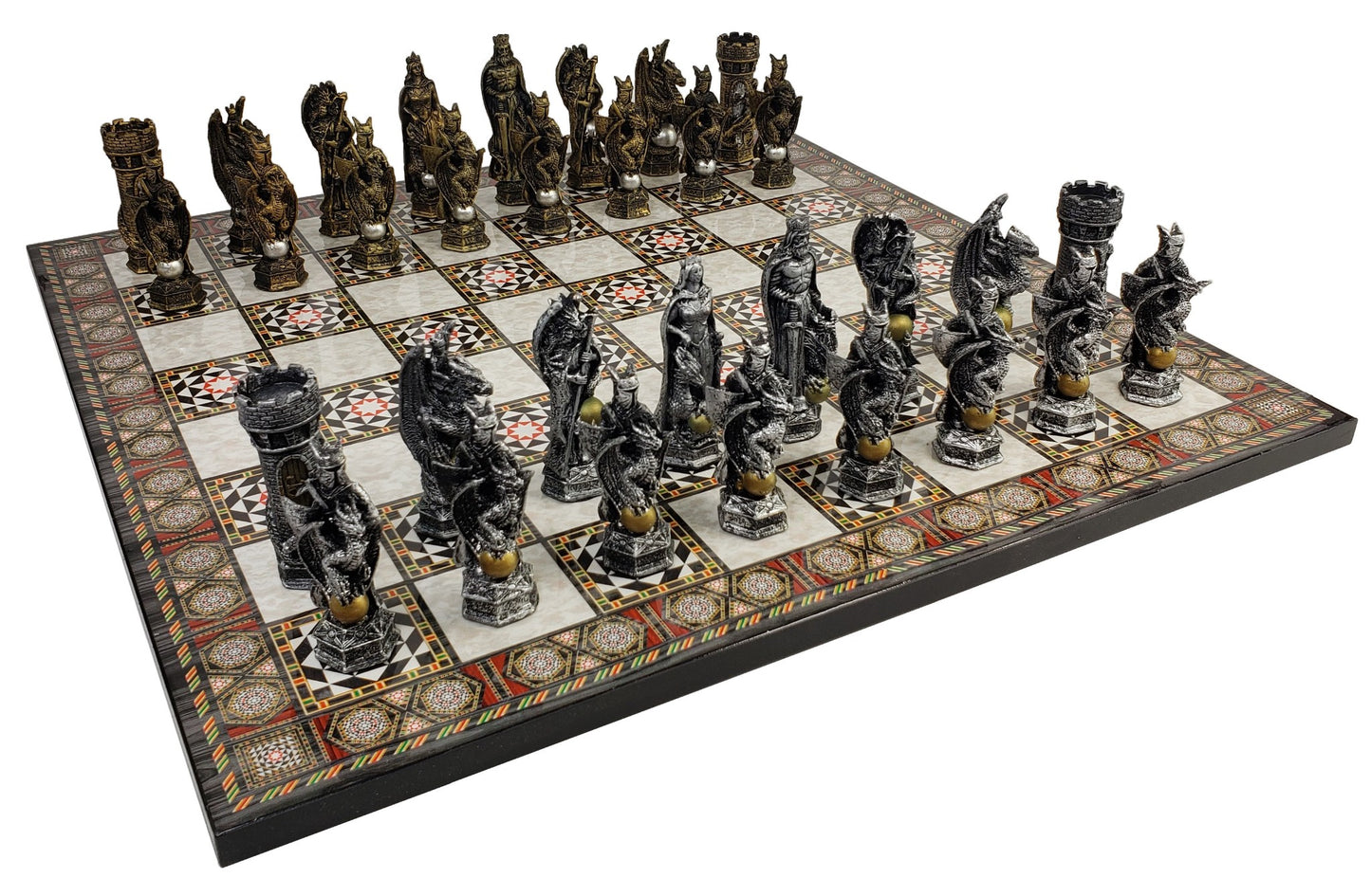 King Arthur KNIGHTS DRAGON Medieval Times Chess Set W 17" Mosaic Color Board