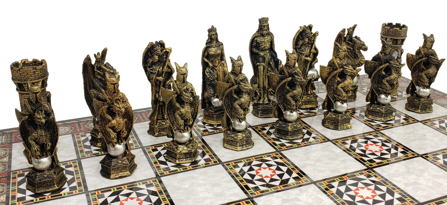 King Arthur KNIGHTS DRAGON Medieval Times Chess Set W 17" Mosaic Color Board