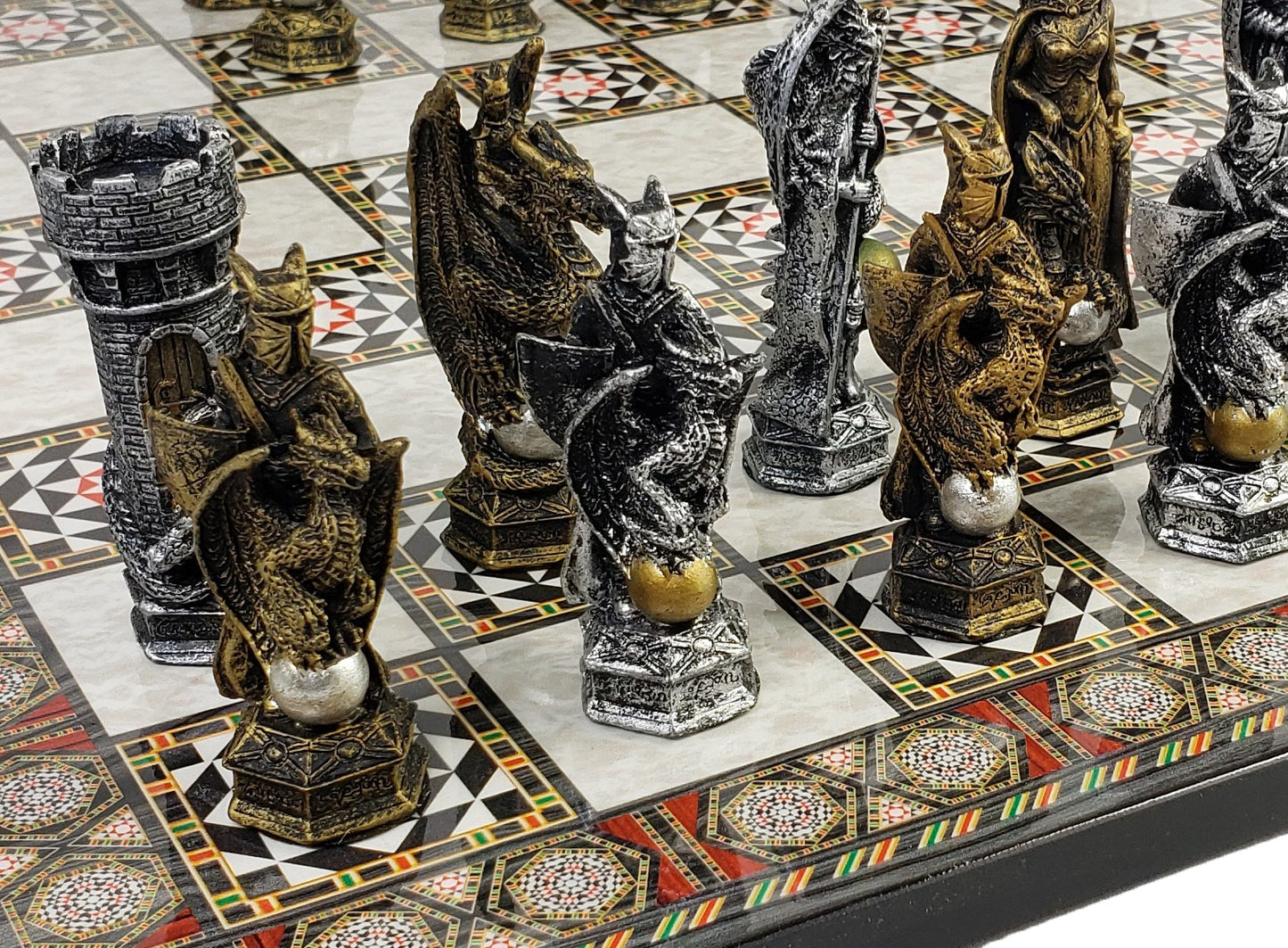 King Arthur KNIGHTS DRAGON Medieval Times Chess Set W 17" Mosaic Color Board