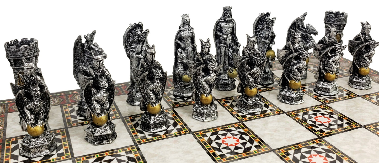 King Arthur KNIGHTS DRAGON Medieval Times Chess Set W 17" Mosaic Color Board