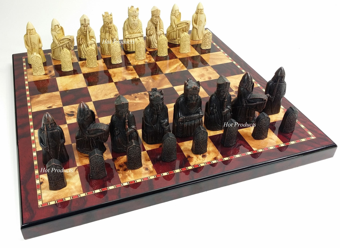 Large Isle of Lewis Chess Set 3 1/2" King with 18" Cherry Color Board NO STORAGE