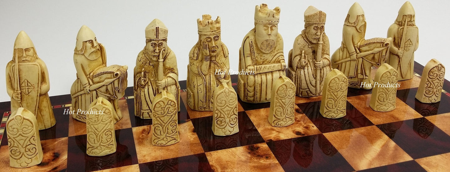 Large Isle of Lewis Chess Set 3 1/2" King with 18" Cherry Color Board NO STORAGE