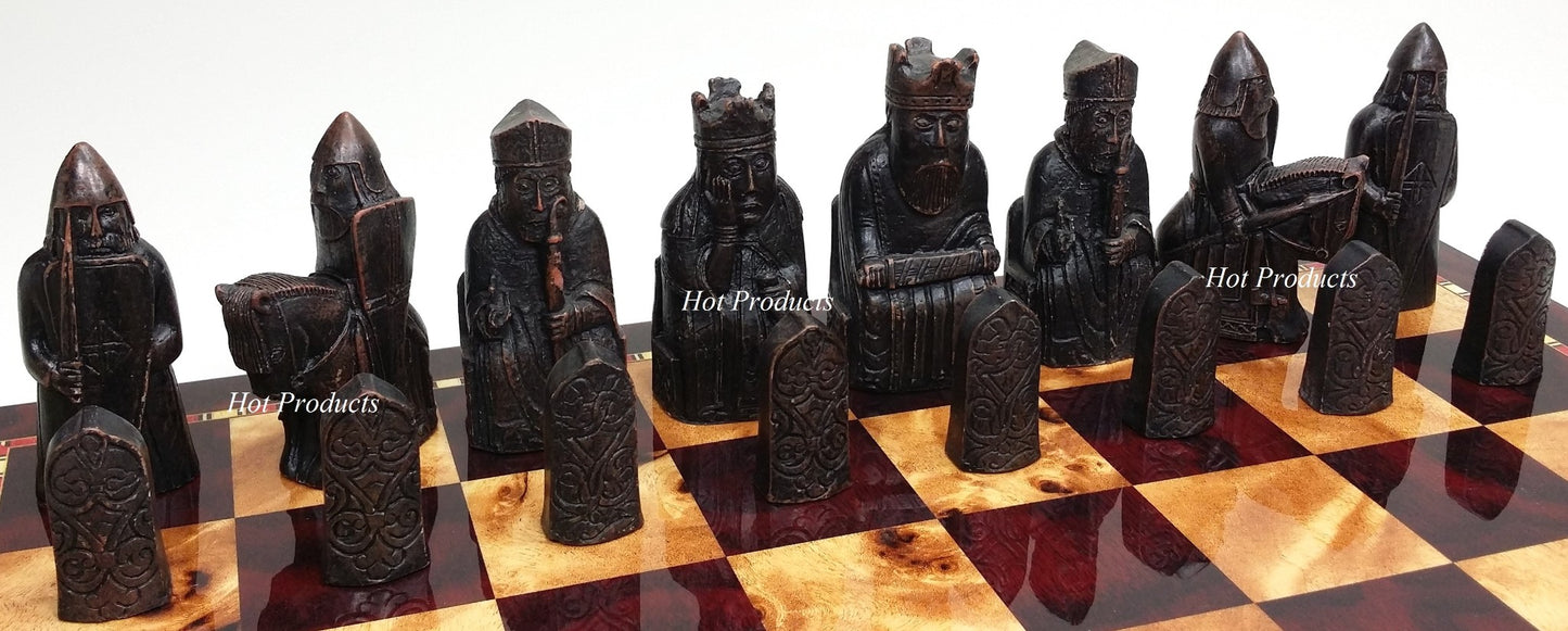 Large Isle of Lewis Chess Set 3 1/2" King with 18" Cherry Color Board NO STORAGE