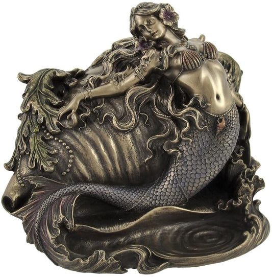 Mermaid & Conch Shell Trinket Box Nautical Décor Statue Bronze Color