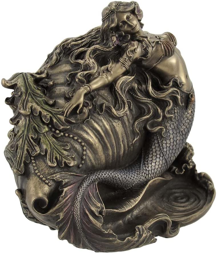 Mermaid & Conch Shell Trinket Box Nautical Décor Statue Bronze Color