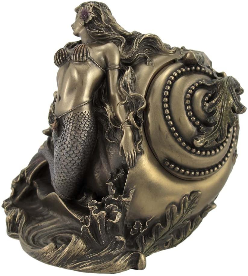 Mermaid & Conch Shell Trinket Box Nautical Décor Statue Bronze Color