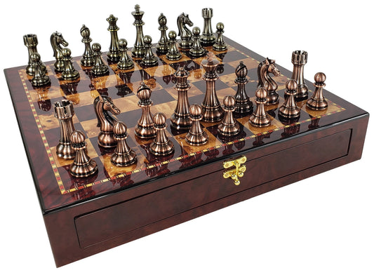 LARGE Copper & Gold Finish Staunton Chess set 4.5" K 20" Cherry Color Storage Bd