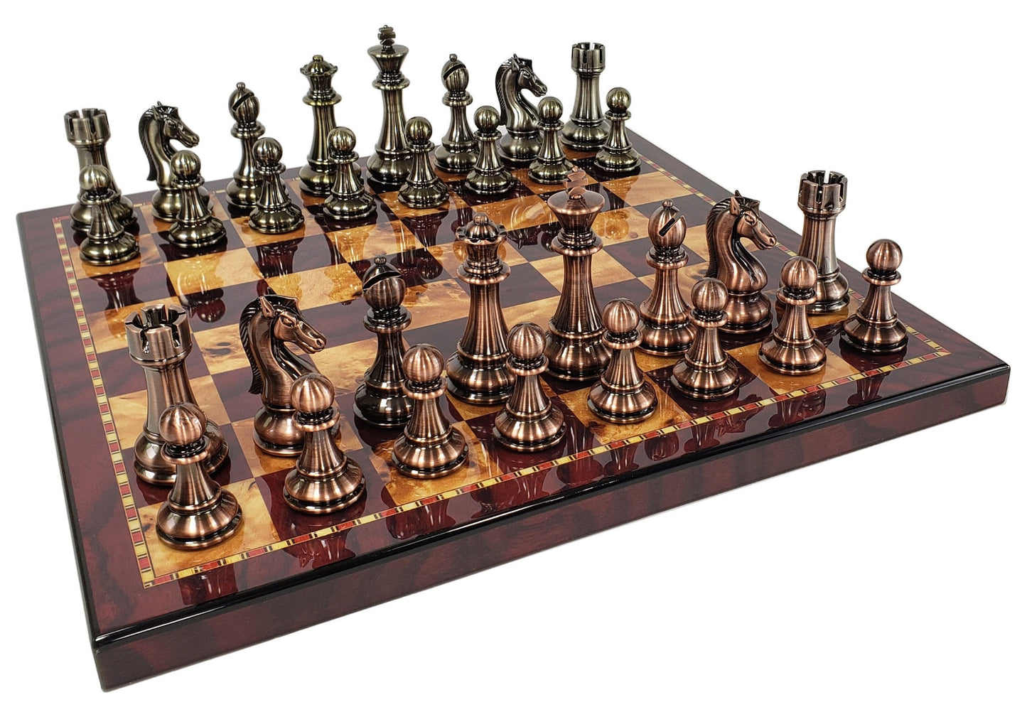 LARGE 4 3/8" King Copper & Gold Finish Staunton Chess Set 18" Cherry Color Board