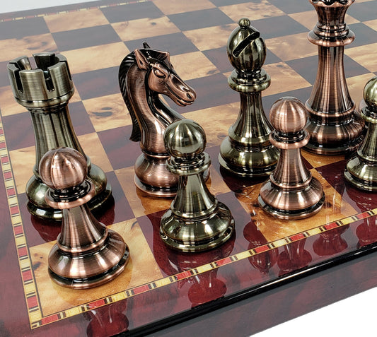 LARGE 4 3/8" King Copper & Gold Finish Staunton Chess Set 18" Cherry Color Board