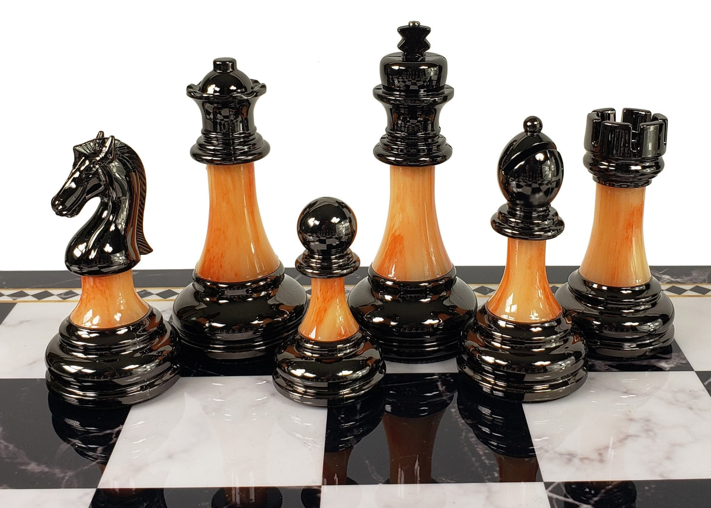 Staunton Chrome & Black Plastic Chess Set w/ 17" Black Faux Marble Storage Board