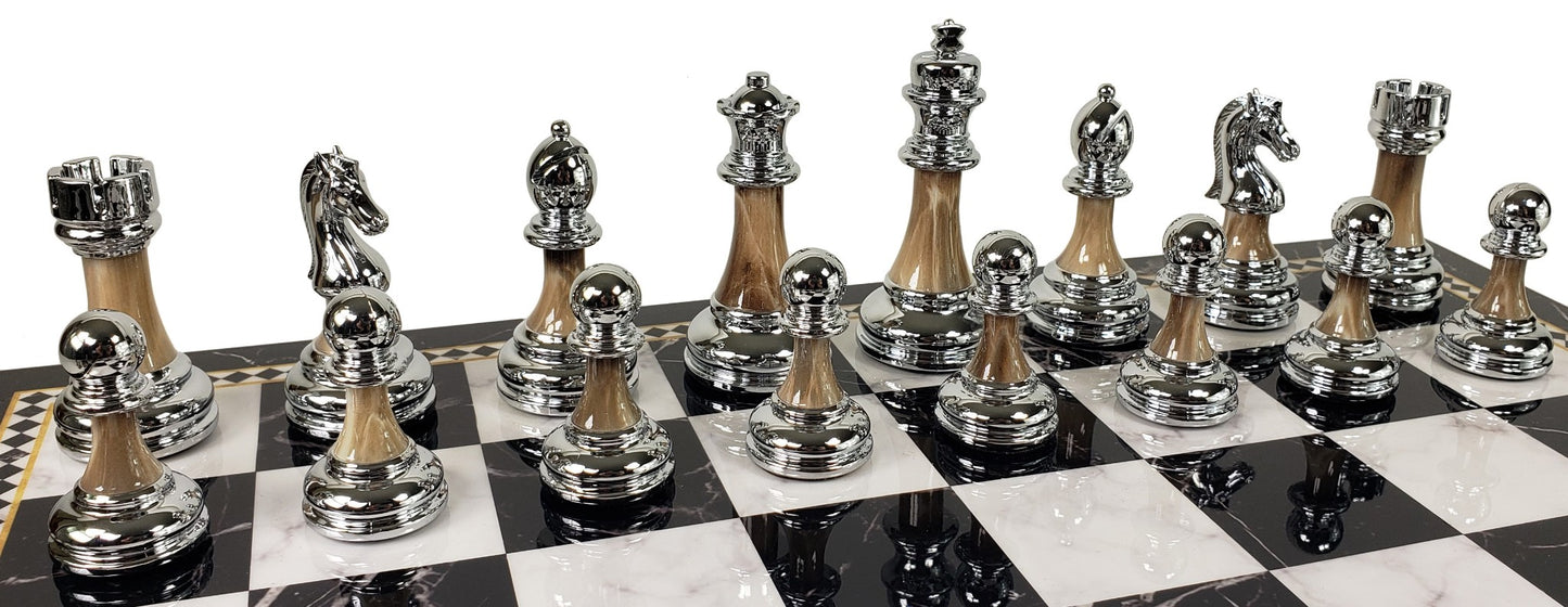 Staunton Chrome & Black Plastic Chess Set w/ 17" Black Faux Marble Storage Board