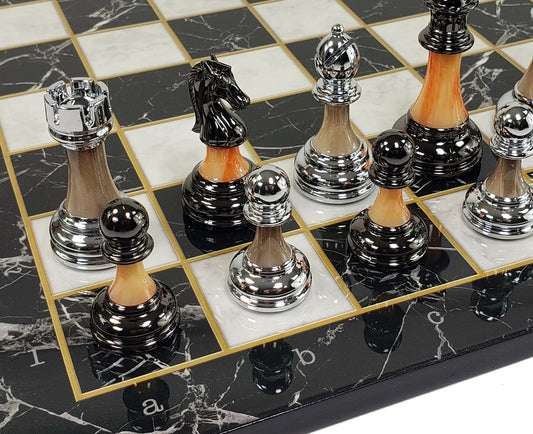 Staunton Chrome & Black Pro Plastic Chess Men Set W 17" Black Faux Marble Board