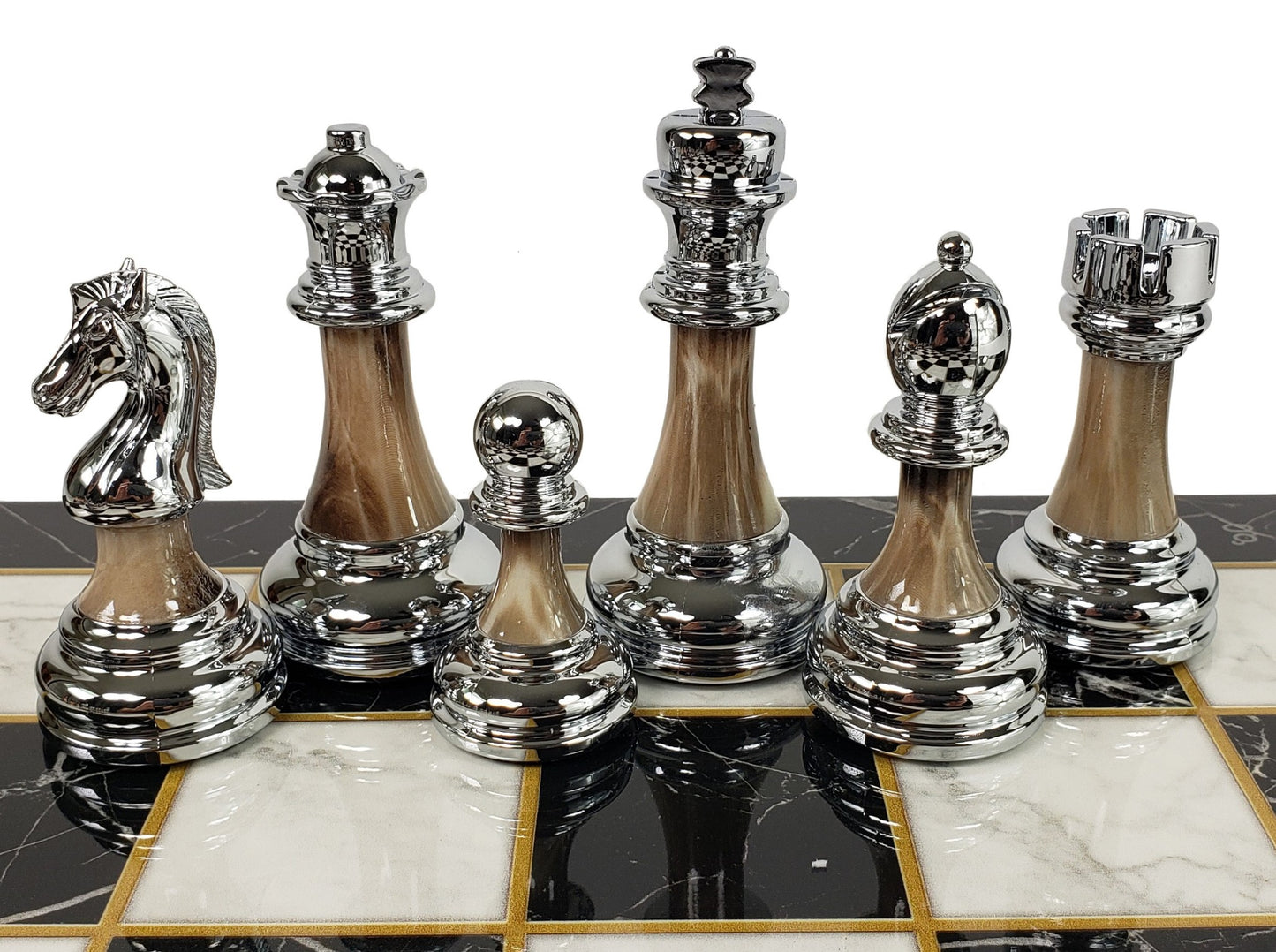 Staunton Chrome & Black Pro Plastic Chess Men Set W 17" Black Faux Marble Board